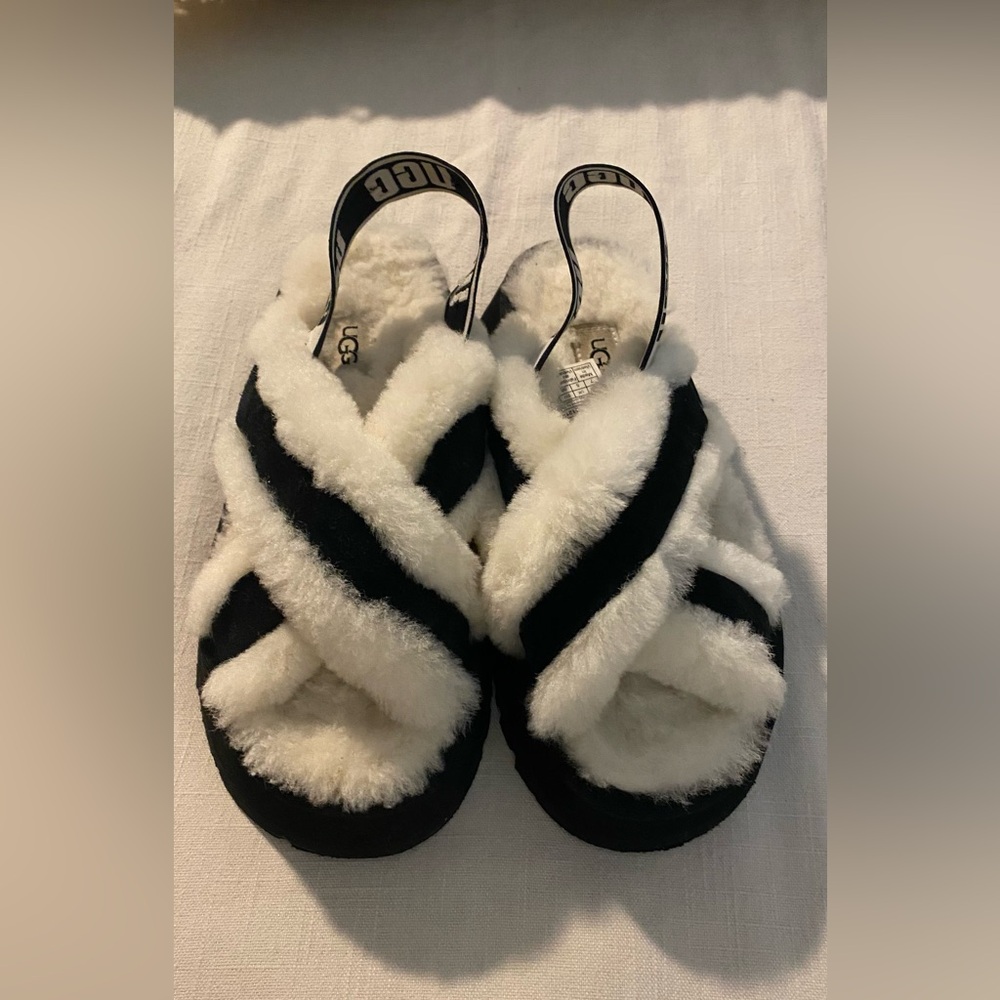 UGG Women's Black and White Fuzzy Slippers